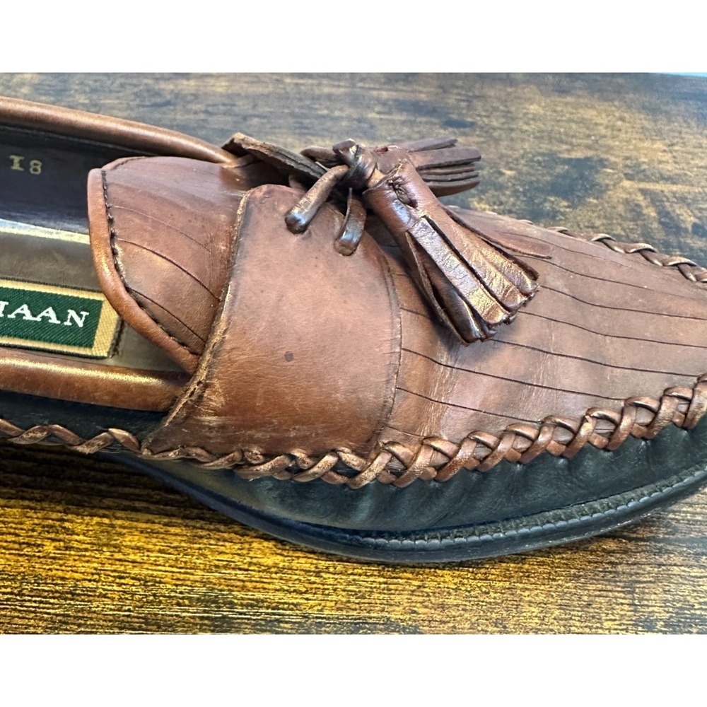 Cole Haan Two Tone Leather Tassel Kiltie Loafers Brown Black Woven Size 8 Shoes - Picture 4 of 13